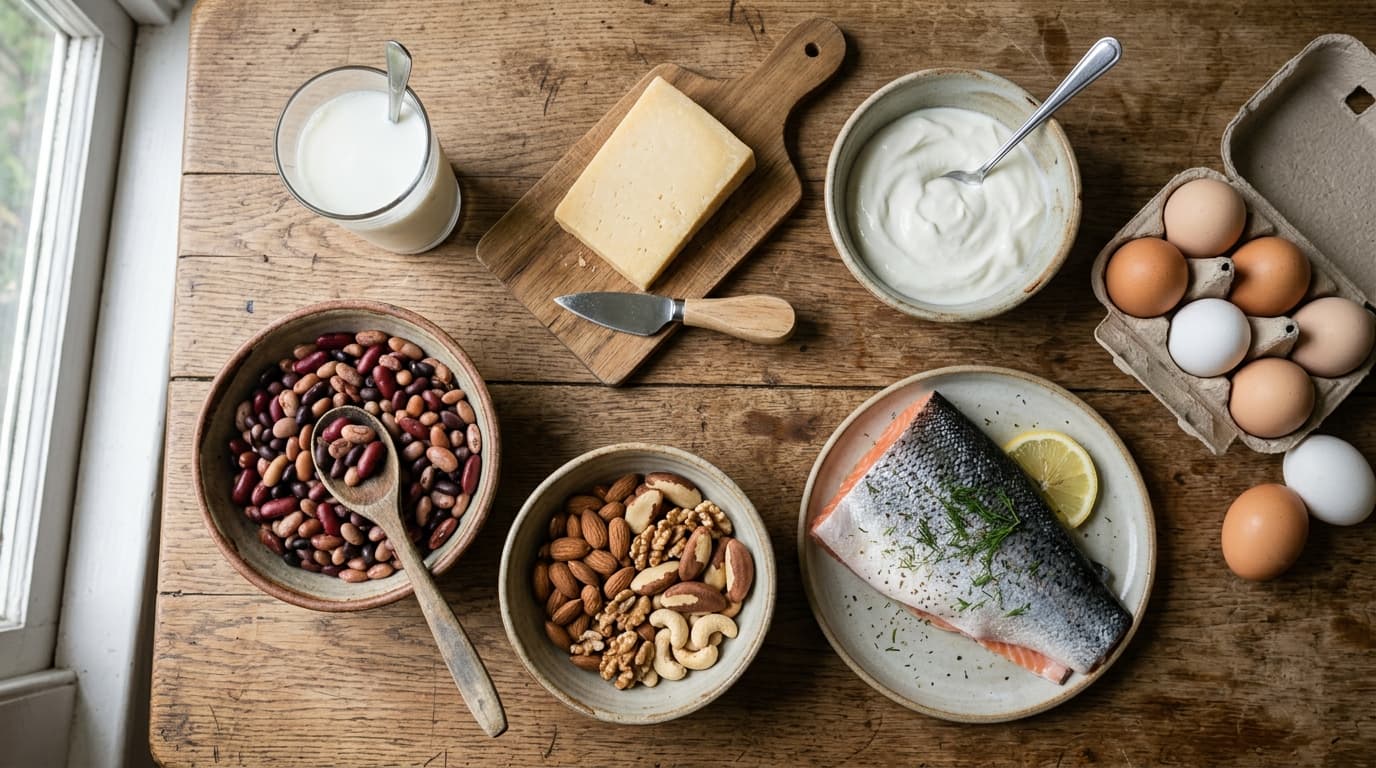 A spread of phosphorus-rich foods on a light surface: a glass of milk and cheese, fresh salmon fillet, eggs, mixed nuts and a bowl of cooked beans