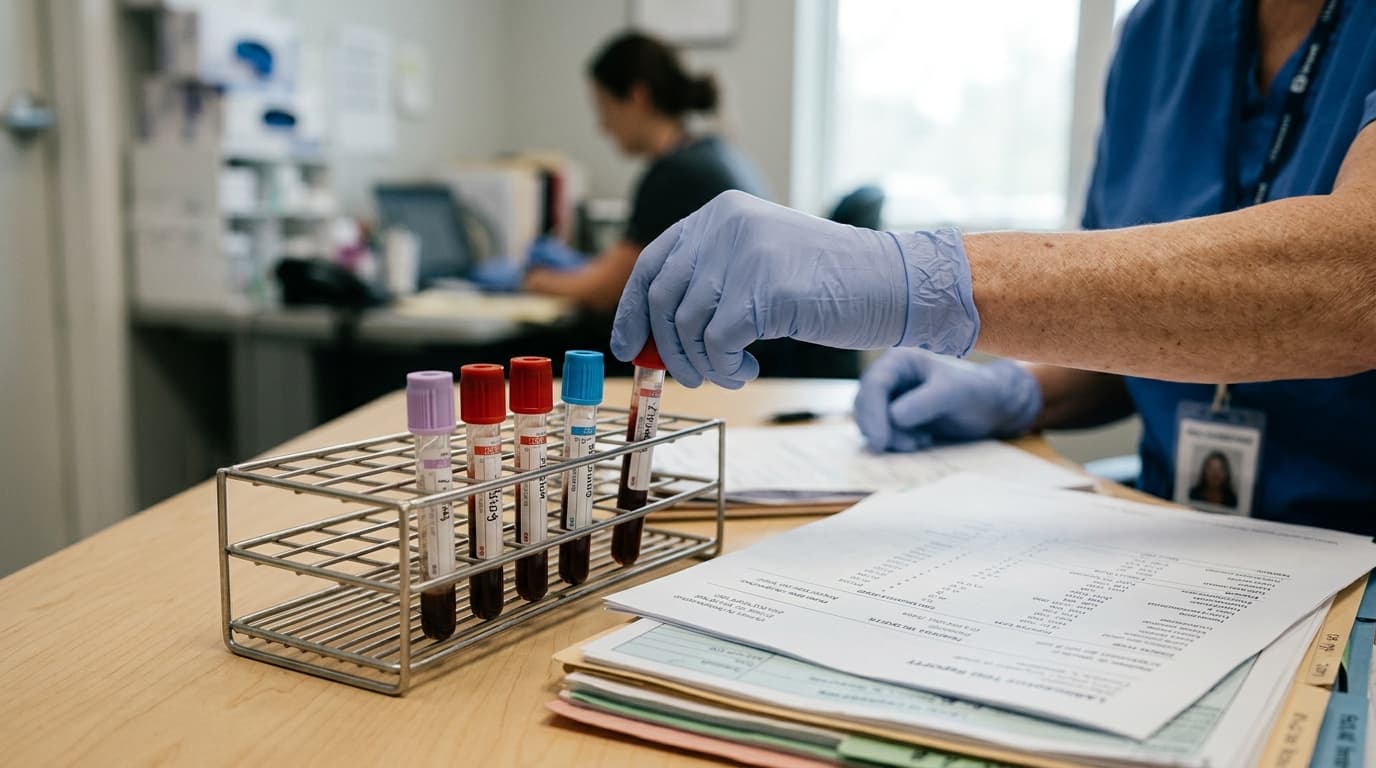 Tubo de muestra de sangre junto a un informe de laboratorio sobre una mesa clara