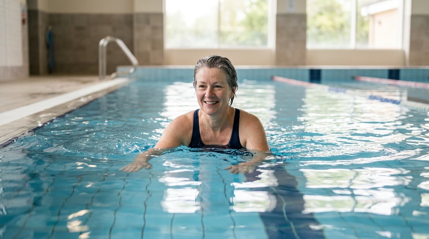 Frau mittleren Alters schwimmt entspannt im Pool als gelenkschonende Bewegungsform