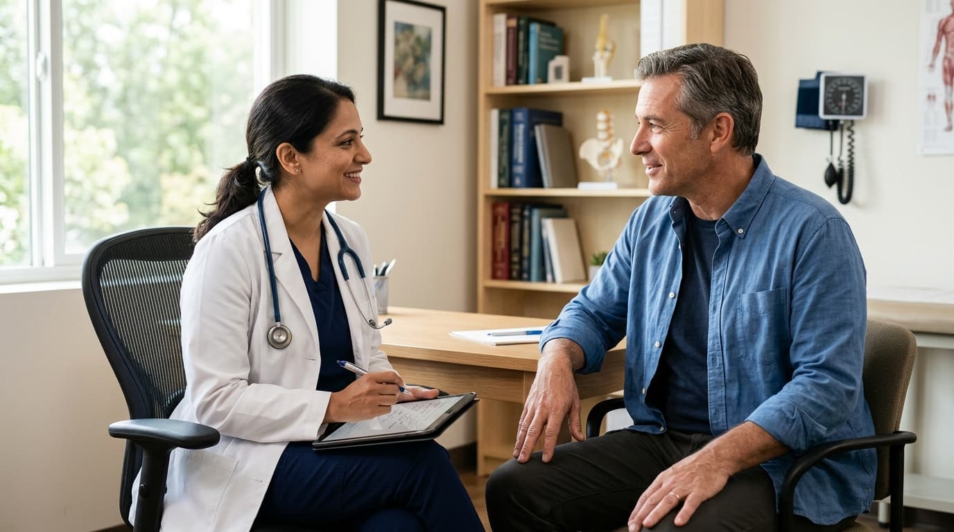 Homem adulto sentado conversando com profissional de saúde em consultório bem iluminado