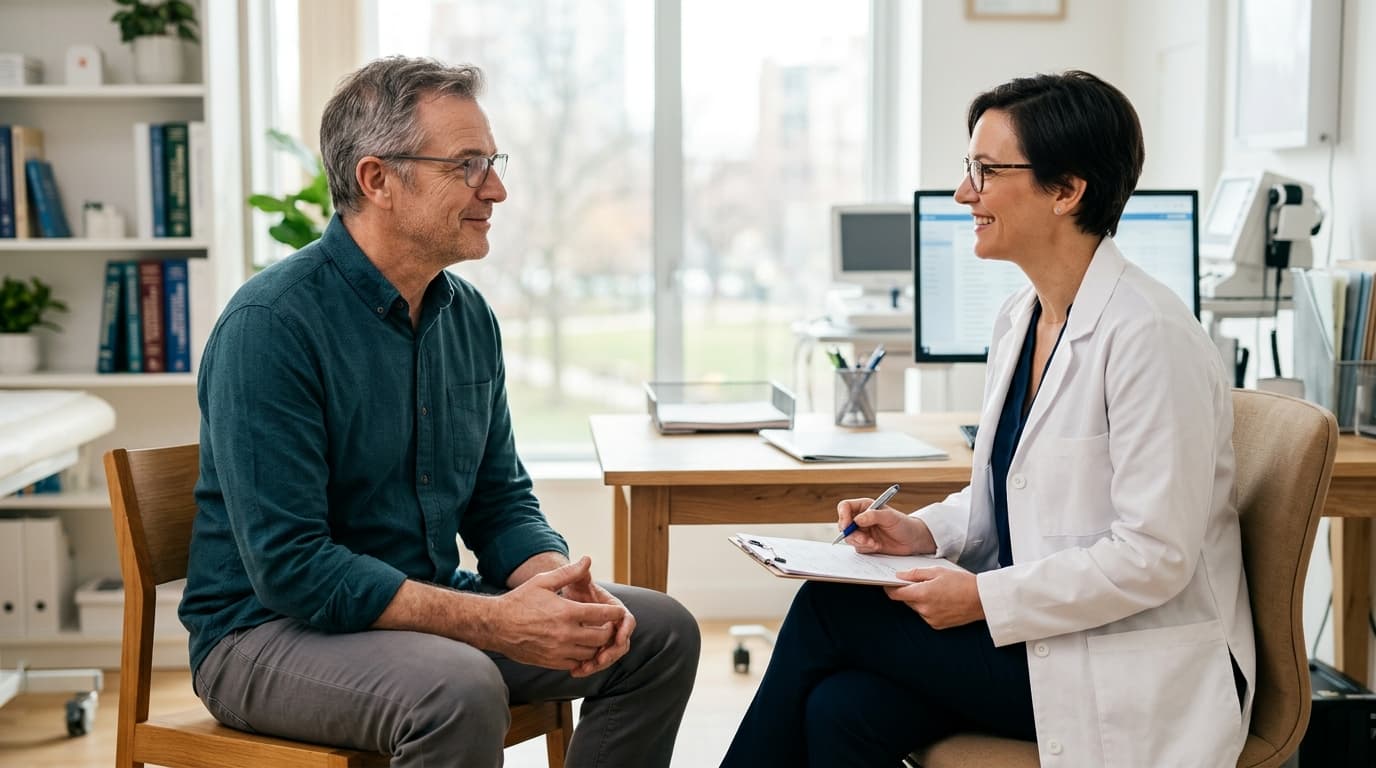 Homem adulto em consulta, conversando com profissional de saúde em ambiente de consultório