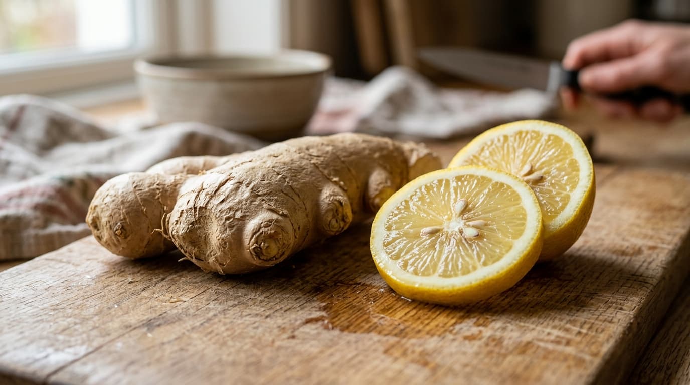 Fresh ginger root, a halved lemon, and a grater on a wooden cutting board in a bright kitchen