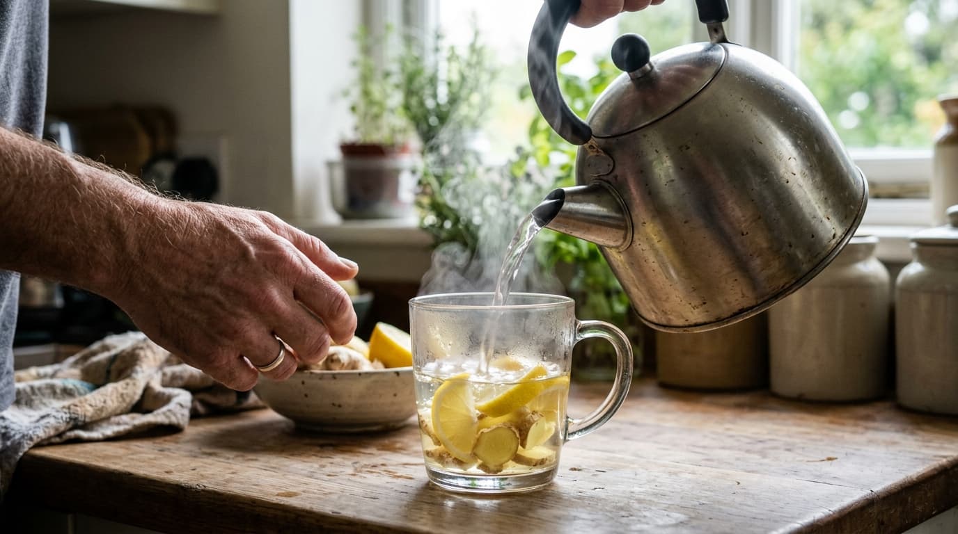 Thin slices of fresh ginger simmering in a small pot of water on a stovetop