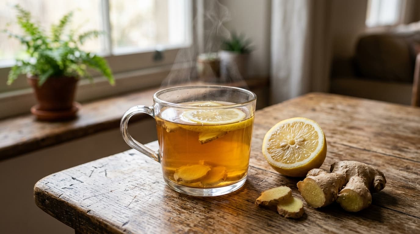 Clear glass mug of golden ginger tea with thin lemon slices and fresh ginger root on a light wooden table