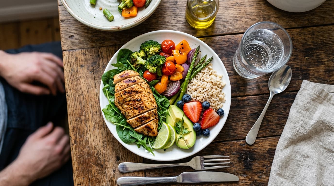 Plato de comida equilibrada con verduras, fruta y agua sobre una mesa de cocina con luz natural