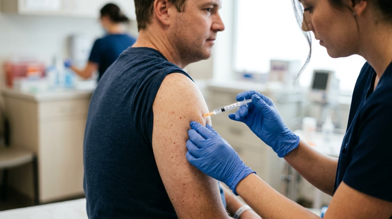 Profissional de saúde aplicando uma vacina no braço de um paciente em uma clínica