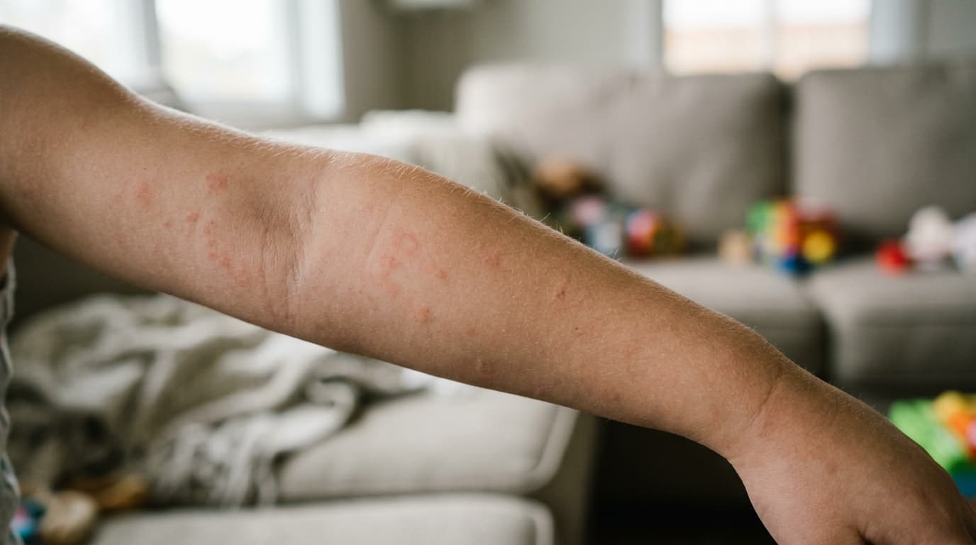 Realistische Nahaufnahme der Haut eines Kindes mit leichten roten Flecken am Arm, betrachtet von einem Elternteil