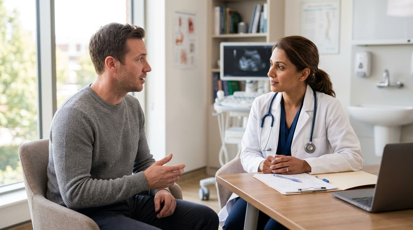 Médico de bata blanca conversando con un paciente adulto en una consulta luminosa, en actitud de escucha