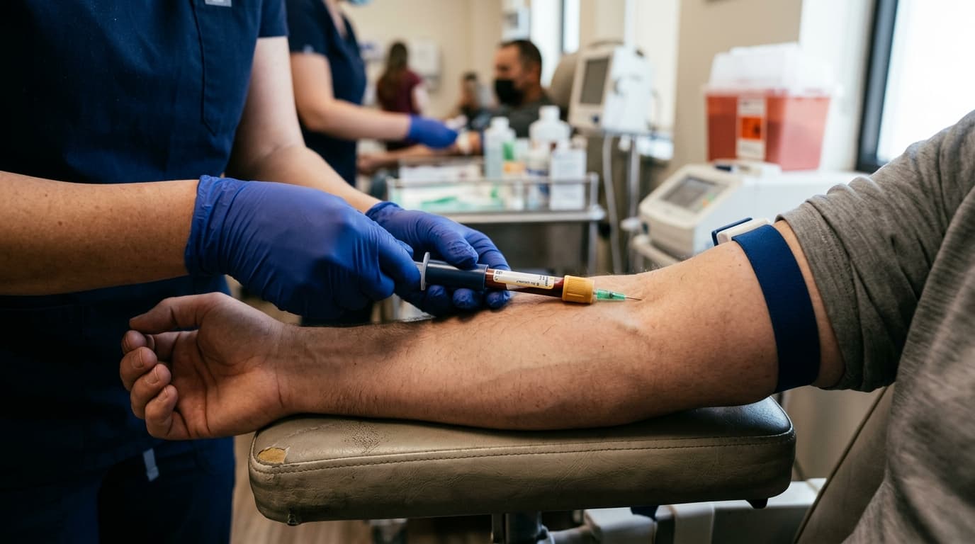 Profissional coletando uma amostra de sangue do braço de um paciente em uma clínica
