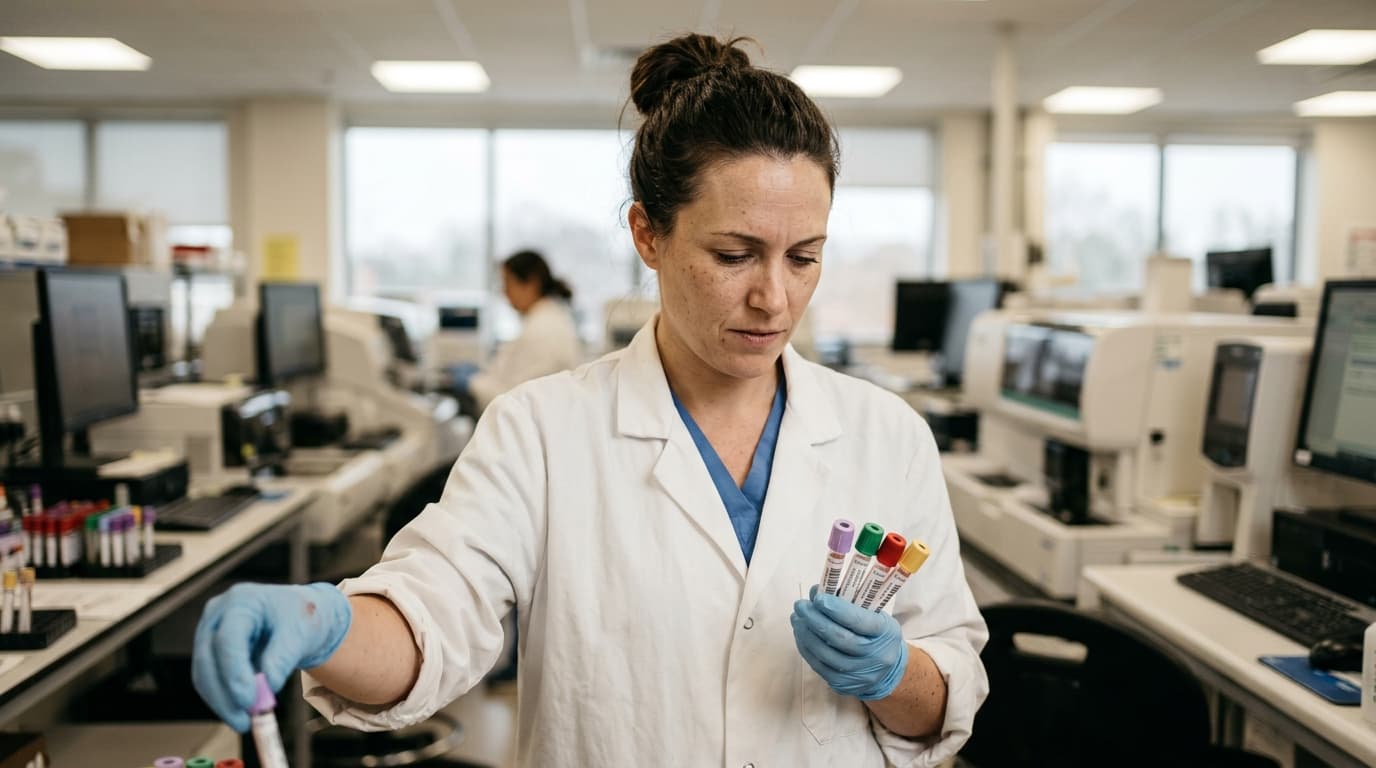 Técnica de laboratório examinando tubos de amostra de sangue