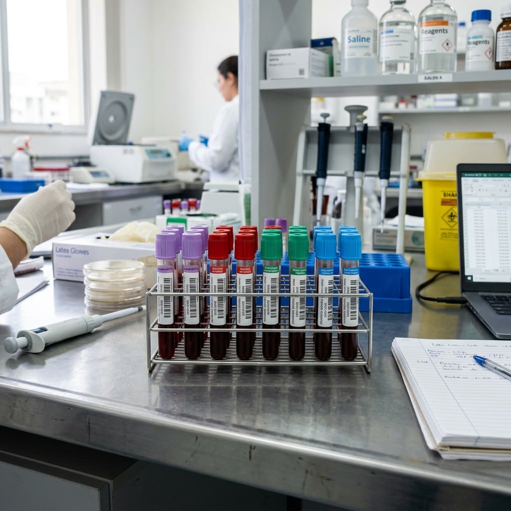 Tubos de coleta de sangue identificados sobre bancada de laboratório, em luz neutra