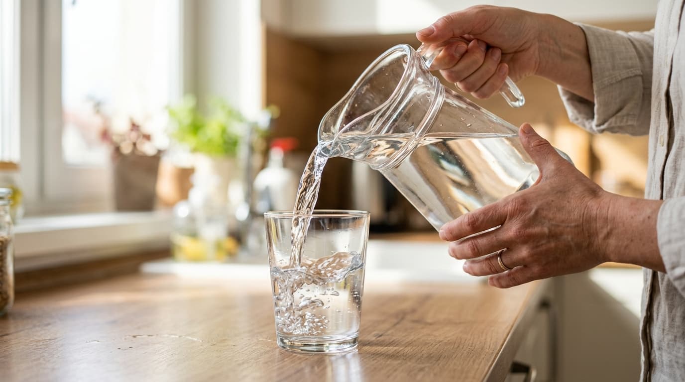 Pessoa servindo água de uma jarra em um copo na cozinha