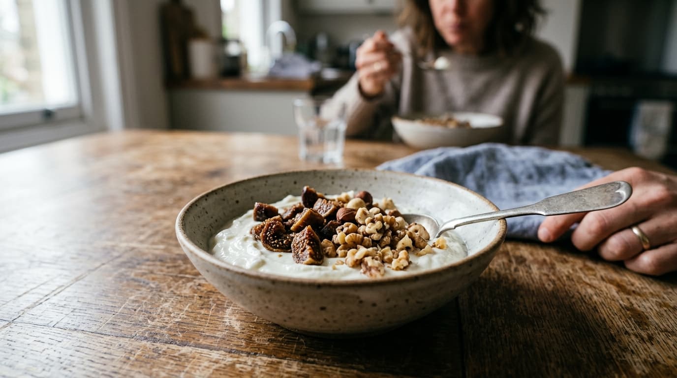Bol de yogur natural con higos secos troceados y frutos secos sobre una mesa de madera