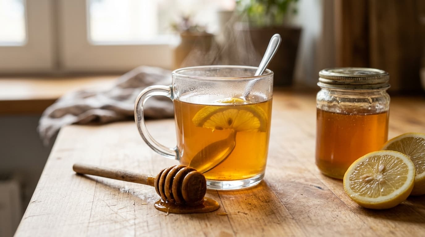 A warm mug of honey and lemon drink with a wooden honey dipper and fresh lemon slices on a kitchen counter in soft daylight