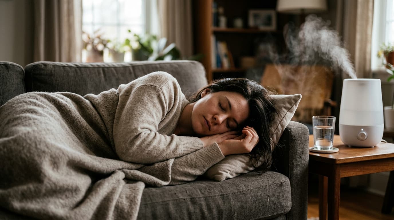 A person resting on a sofa under a blanket with a glass of water and a cool-mist humidifier running nearby in a softly lit living room
