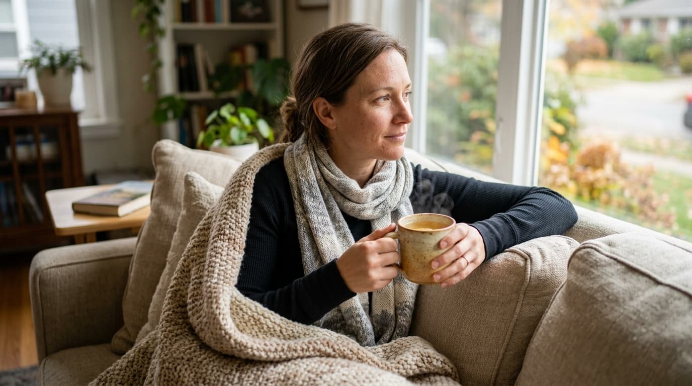 Person at home holding a warm mug of honey and lemon drink with a soft scarf around the neck on a comfortable sofa
