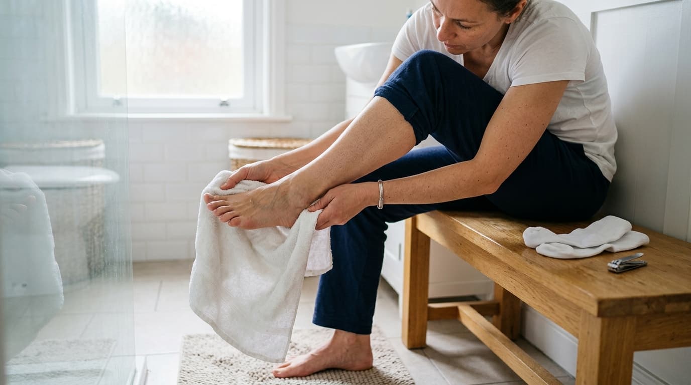 A person drying their feet carefully with a clean towel, with cotton socks and nail clippers on a bathroom bench in soft natural light