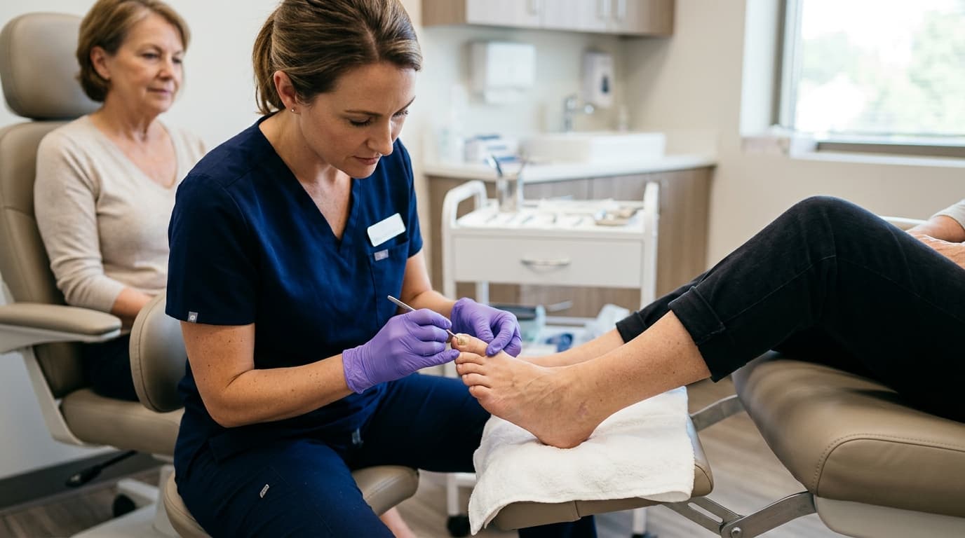 A healthcare professional examining a patient's toenail during a foot care consultation in a clean clinic setting