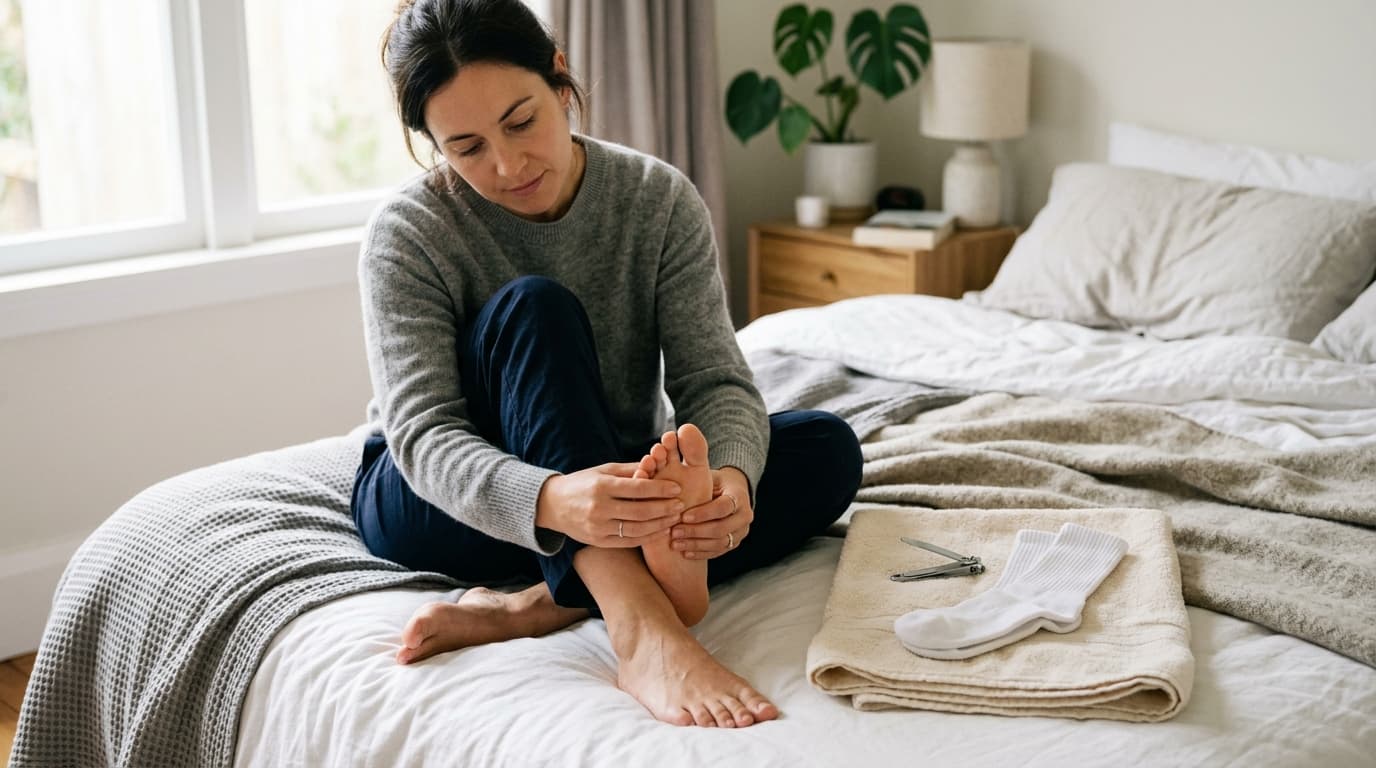 Close-up of a person caring for clean, dry feet at home with nail clippers and fresh cotton socks nearby in soft daylight