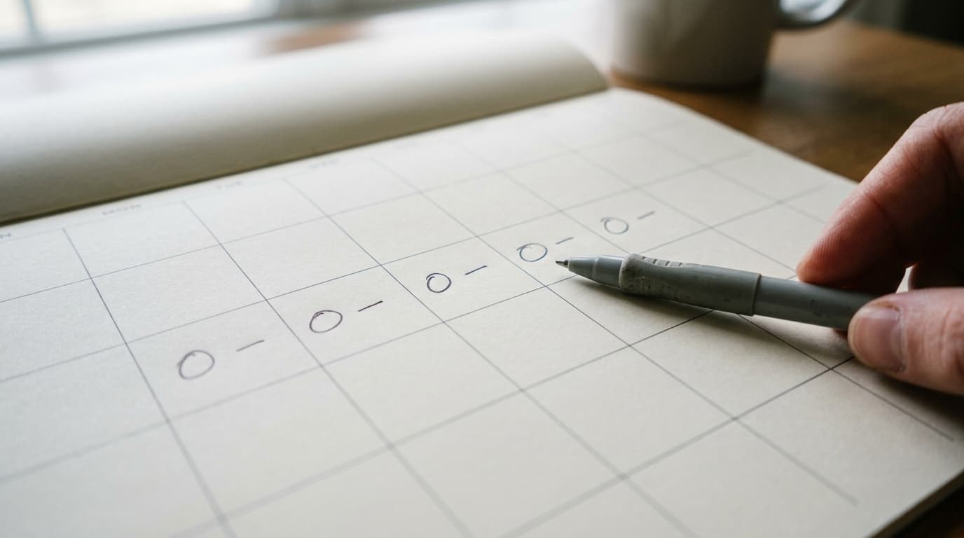 Close-up of a wall calendar with a pen, marking days of the menstrual cycle