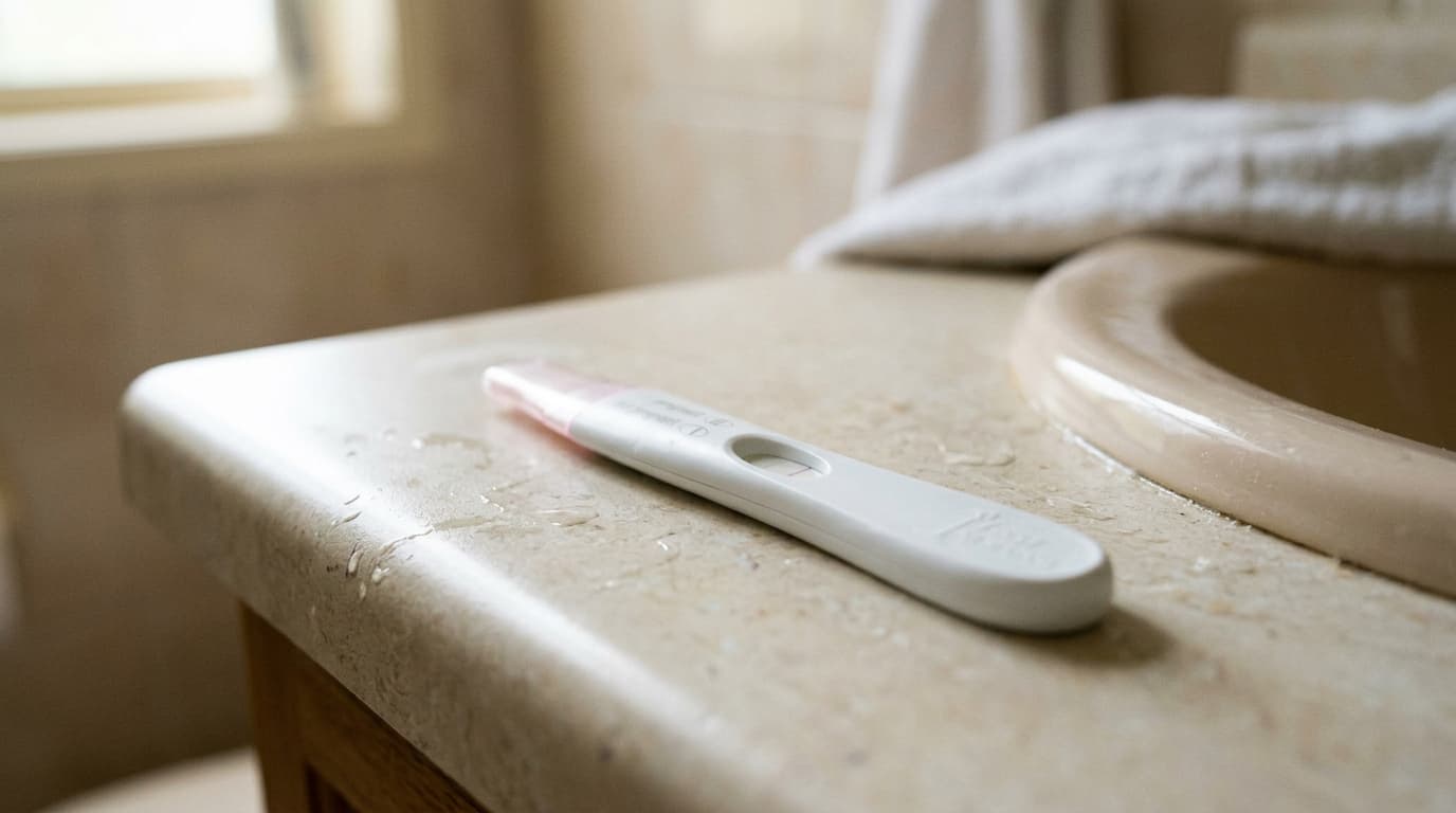 Home pregnancy test resting on a bathroom counter in soft natural light