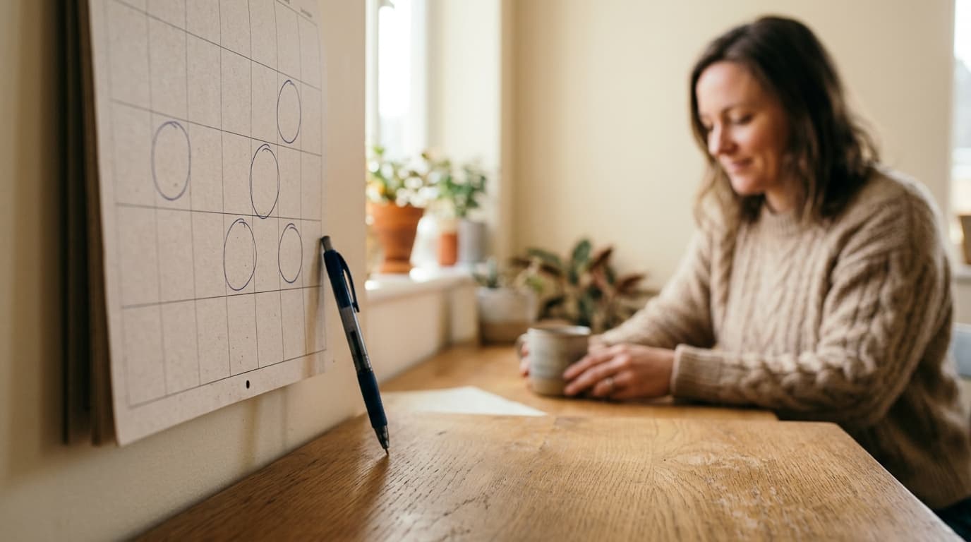 Calendar and a calm woman in soft light, representing tracking the menstrual cycle and early pregnancy timing