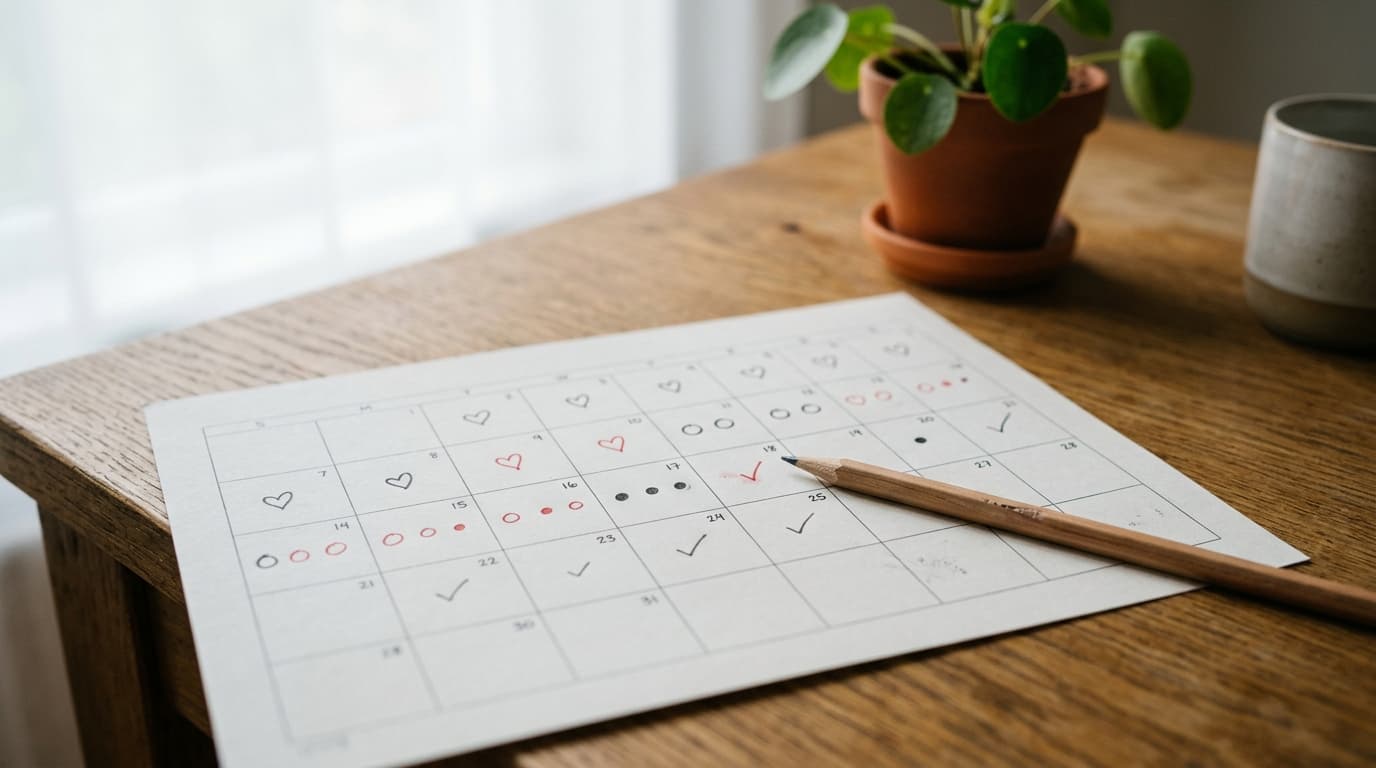A close-up of a wall calendar and a pen on a wooden desk in soft natural light, suggesting fertility timing and planning