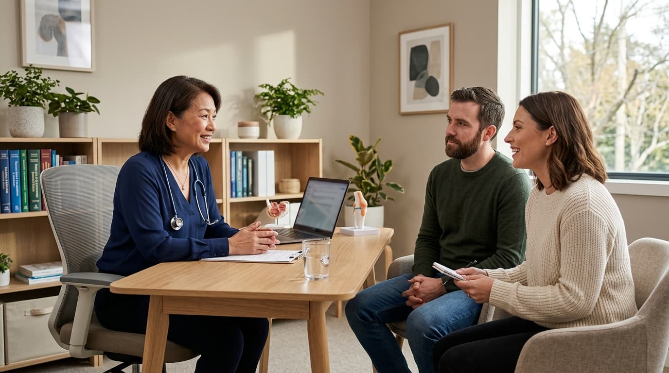 A calm consultation room with a doctor and a couple sitting across a desk, discussing fertility in a professional and reassuring setting
