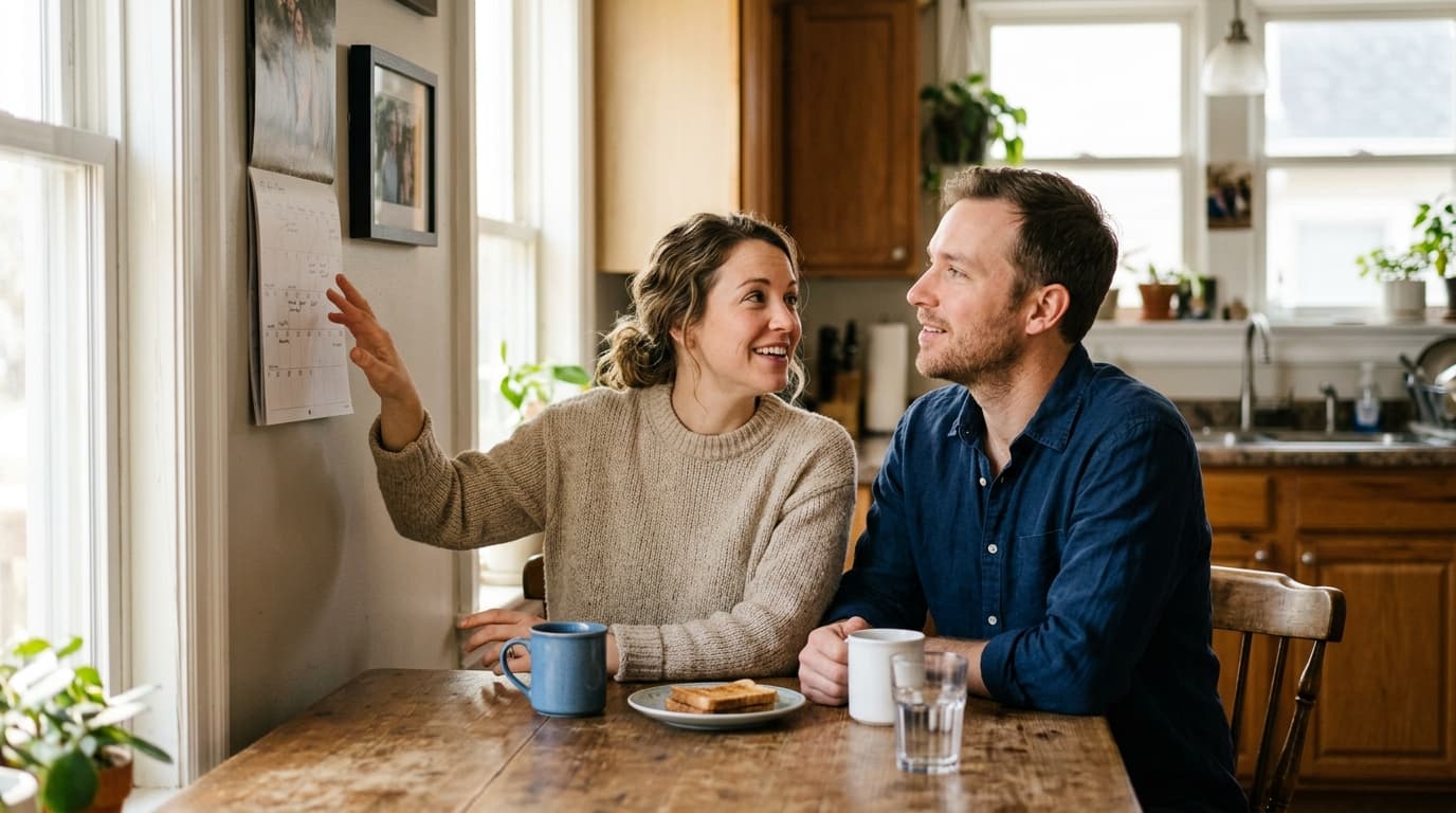 A young couple sitting together at a kitchen table looking at a wall calendar while planning, in soft natural light