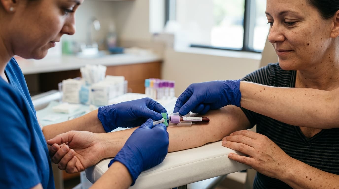 Close-up of a phlebotomist drawing a blood sample from a patient's arm into a labeled tube