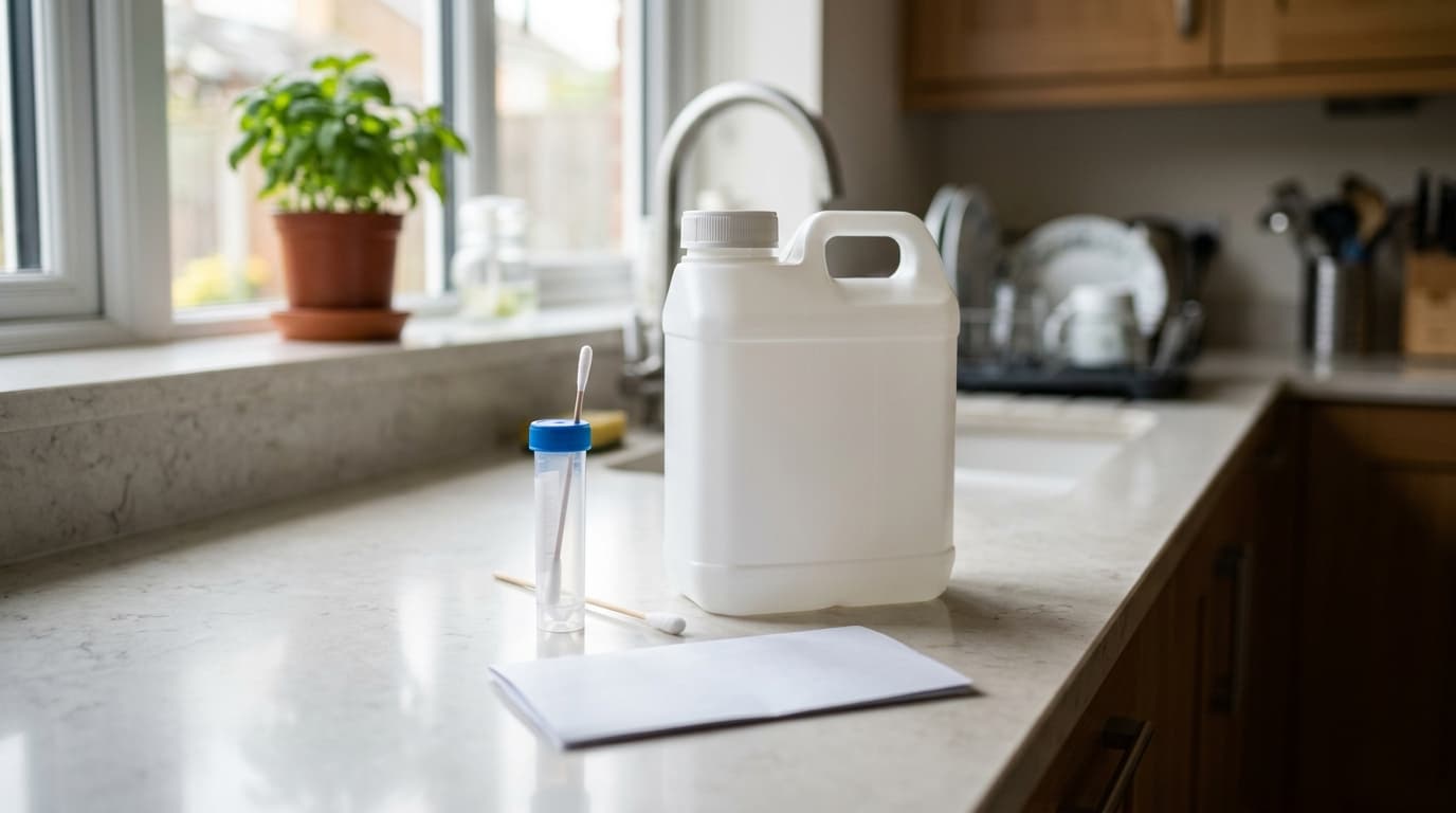 A saliva collection tube and a 24-hour urine container with written collection instructions on a kitchen counter