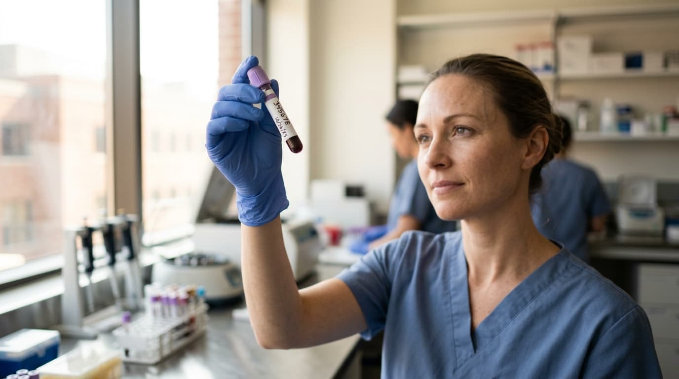 A health worker holding a labeled blood sample tube for a cortisol test in a clinical lab setting