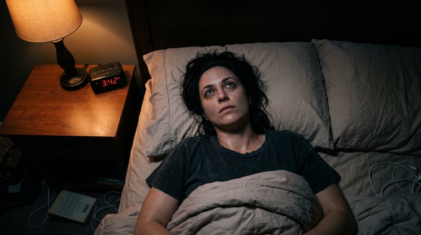 Pessoa acordada na cama à noite, sem conseguir dormir, com luz baixa