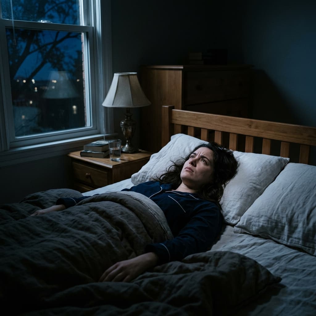 Pessoa em um quarto mal iluminado à noite, acordada, indicando dificuldade para dormir