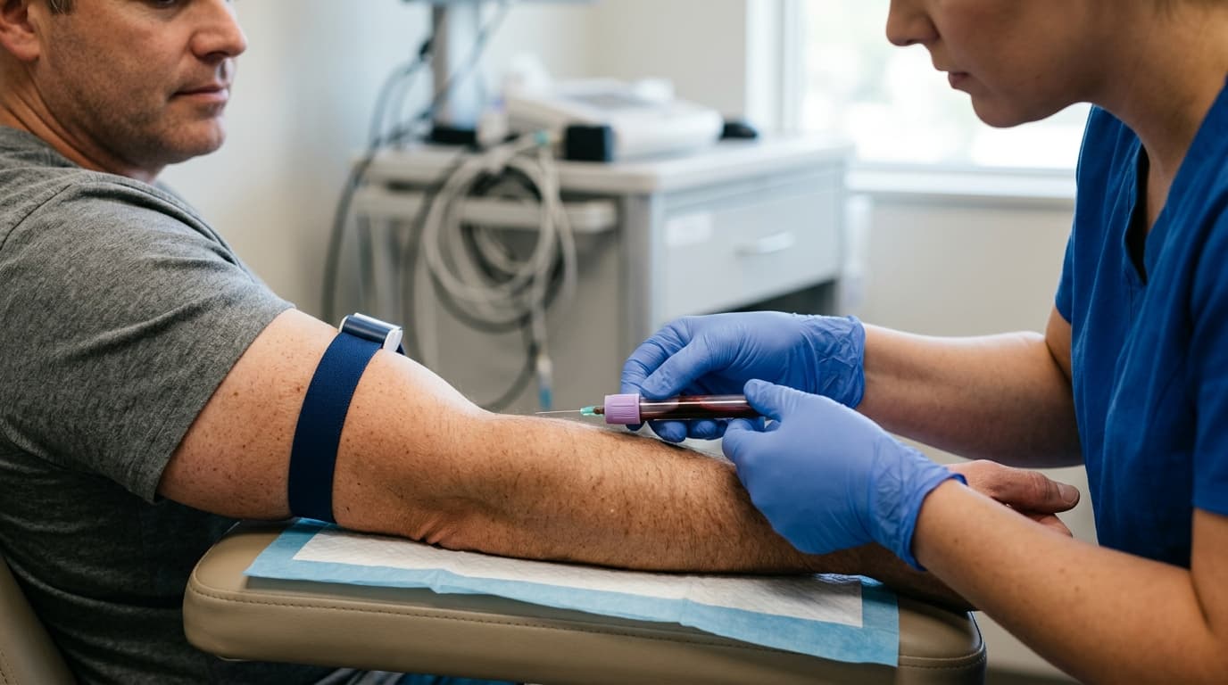 Blutentnahme aus einer Armvene zur Bestimmung des LDH-Werts, daneben beschriftete Blutröhrchen