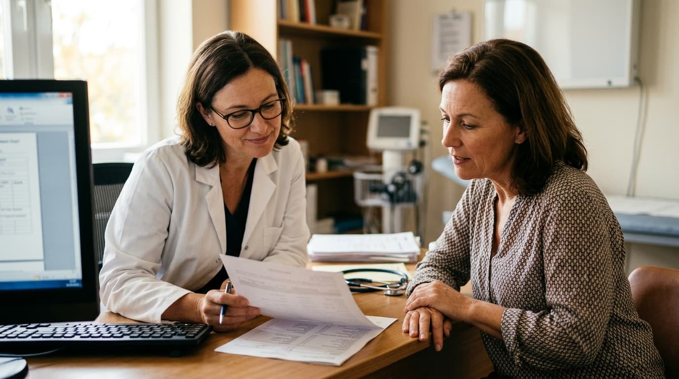 Ärztin und Patient besprechen einen Laborbefund mit dem LDH-Wert im Zusammenhang mit weiteren Werten