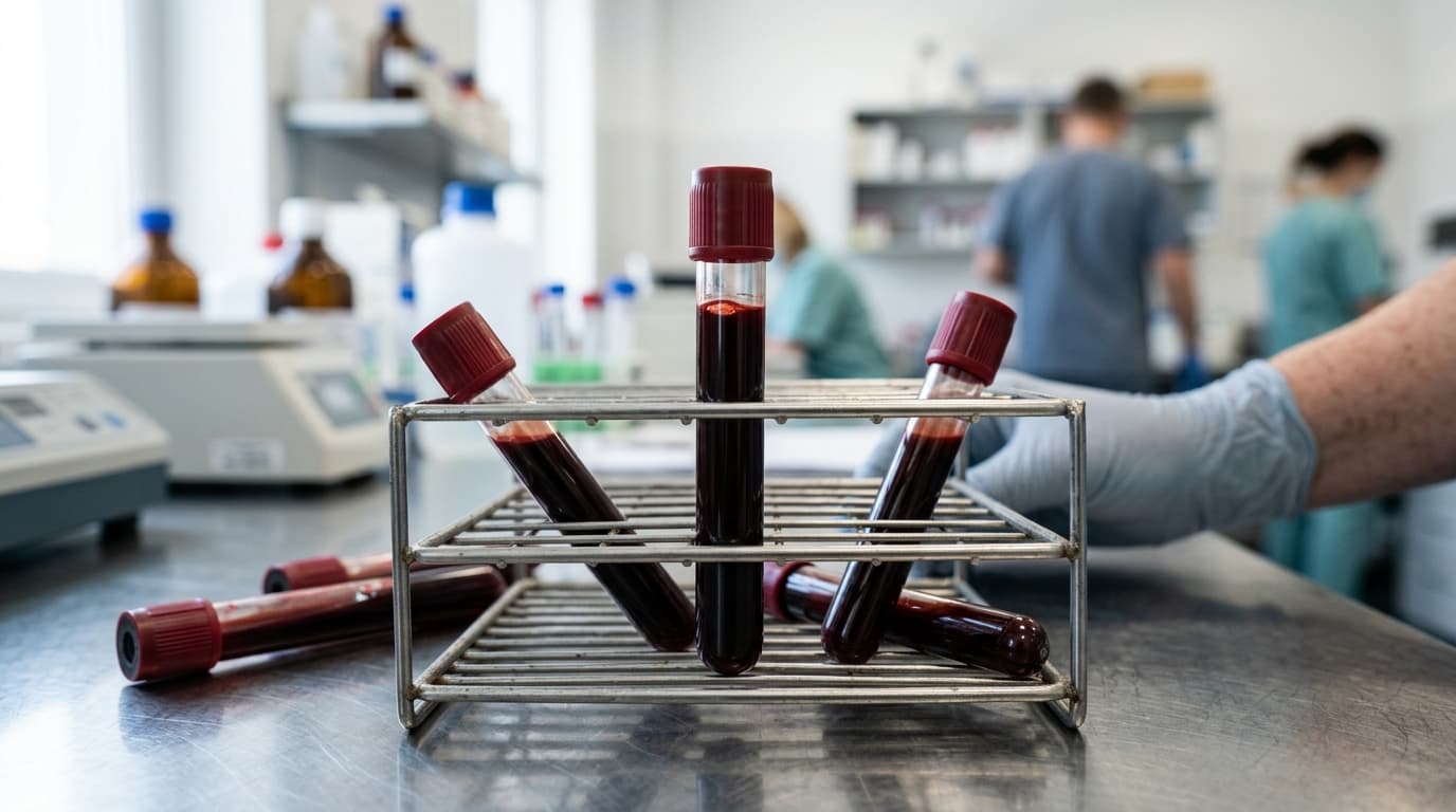 Laborbefund mit dem LDH-Wert (Laktatdehydrogenase), daneben ein Blutröhrchen auf einer Laborbank