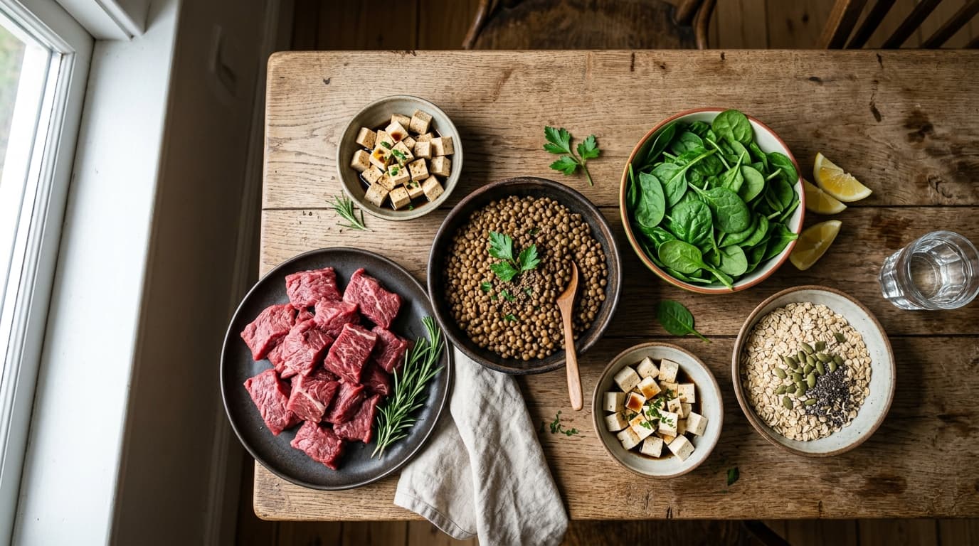 Holztisch mit eisenreichen Lebensmitteln wie rotem Fleisch, Linsen, Spinat, Tofu und Haferflocken in Schalen