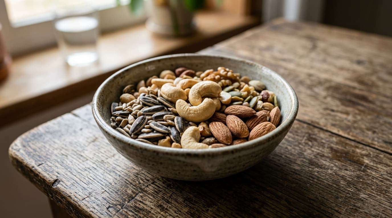 Auswahl kupferreicher Lebensmittel wie Cashewkerne, Sonnenblumenkerne, Kichererbsen und Vollkornbrot auf einem Holzbrett