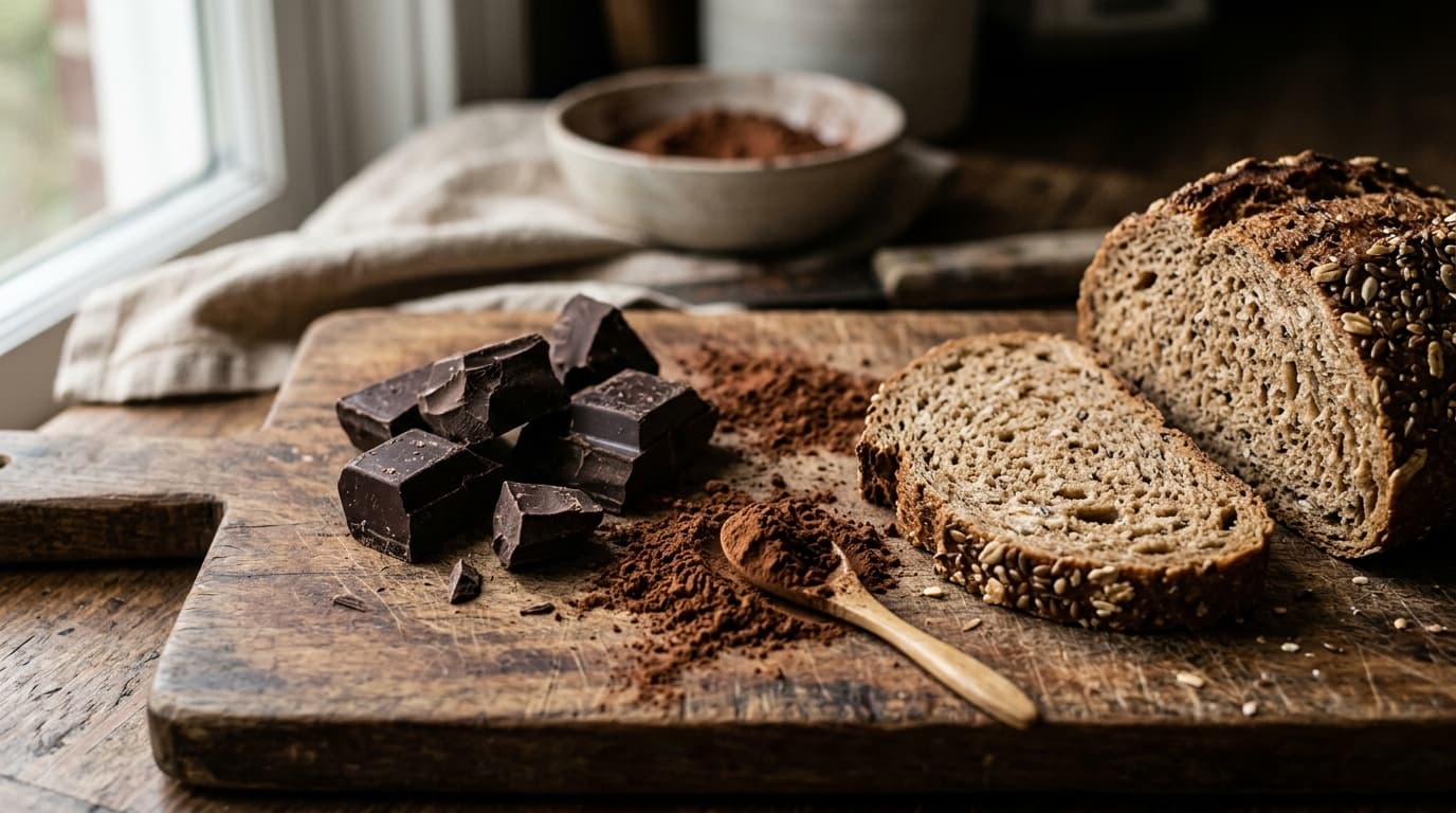 Austern auf Eis neben einer Tafel dunkler Schokolade und einem Schälchen Kakao