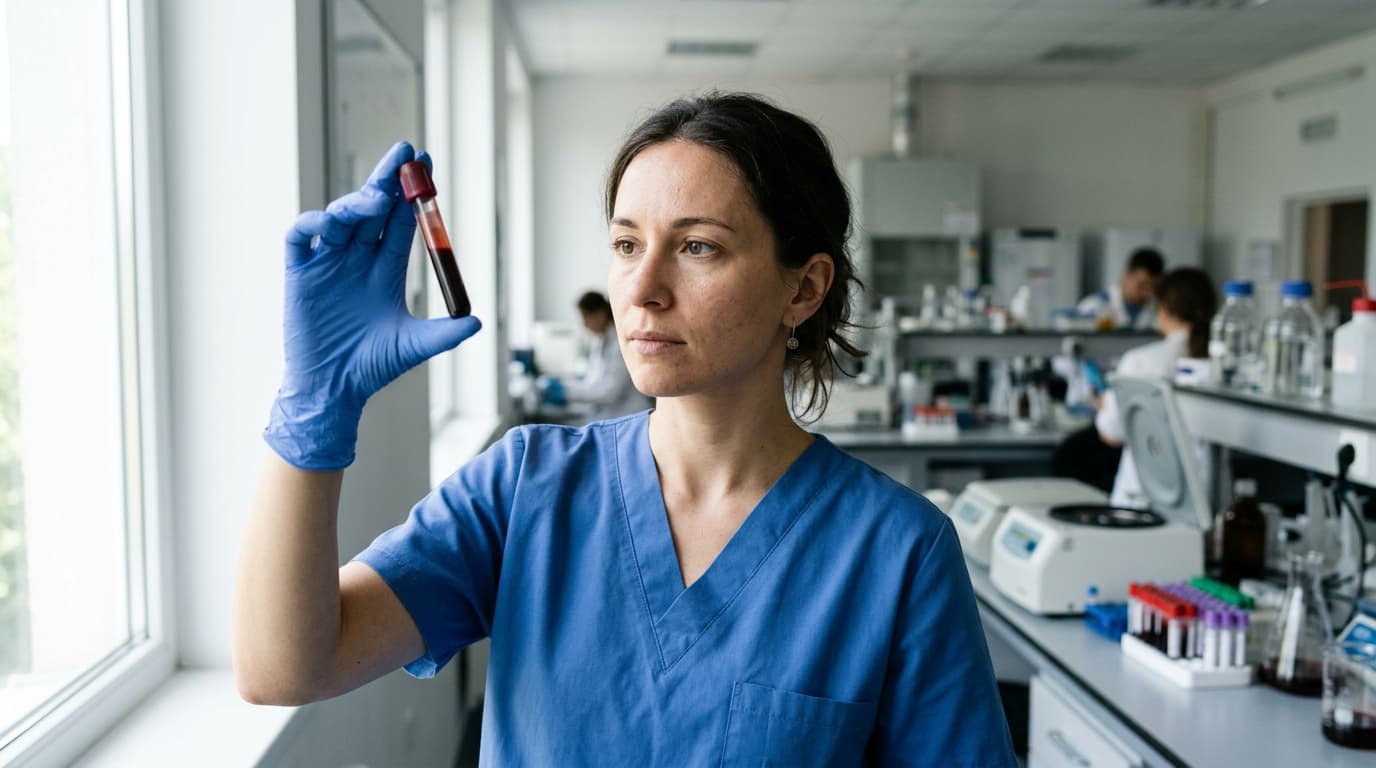 Profesional de laboratorio sosteniendo un tubo de sangre etiquetado para el recuento de glóbulos blancos