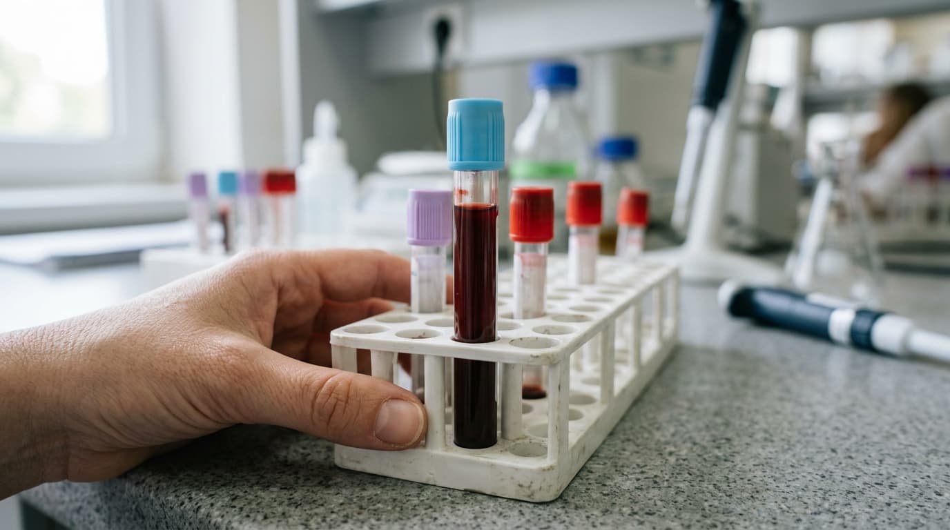 Tubo de sangre etiquetado para recuento de glóbulos blancos sobre una mesa de laboratorio con luz neutra