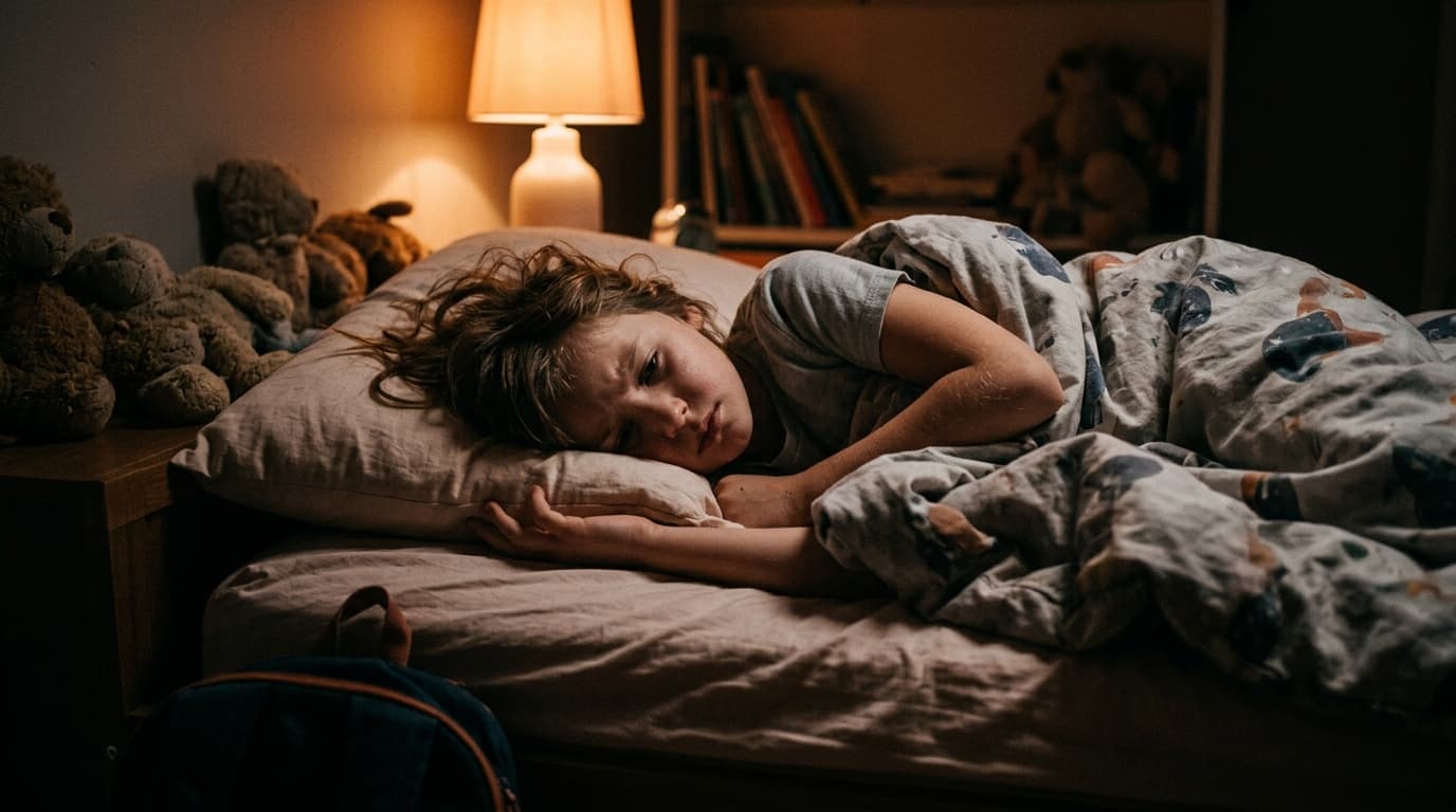 Niño en edad escolar durmiendo inquieto en su cama por la noche