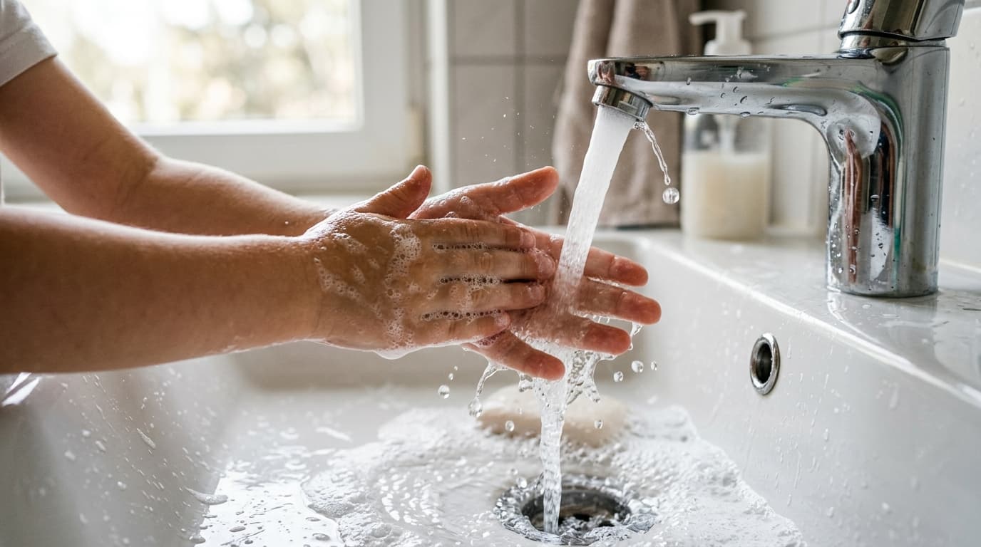 Manos de un niño lavándose con jabón y agua corriente en el lavabo