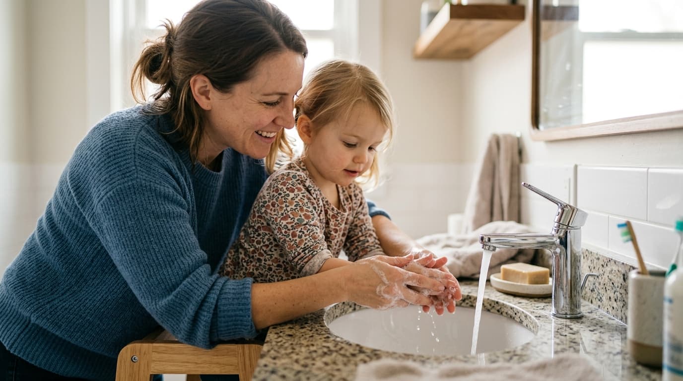 Madre lavando las manos de su hijo pequeño con jabón en el lavabo de casa