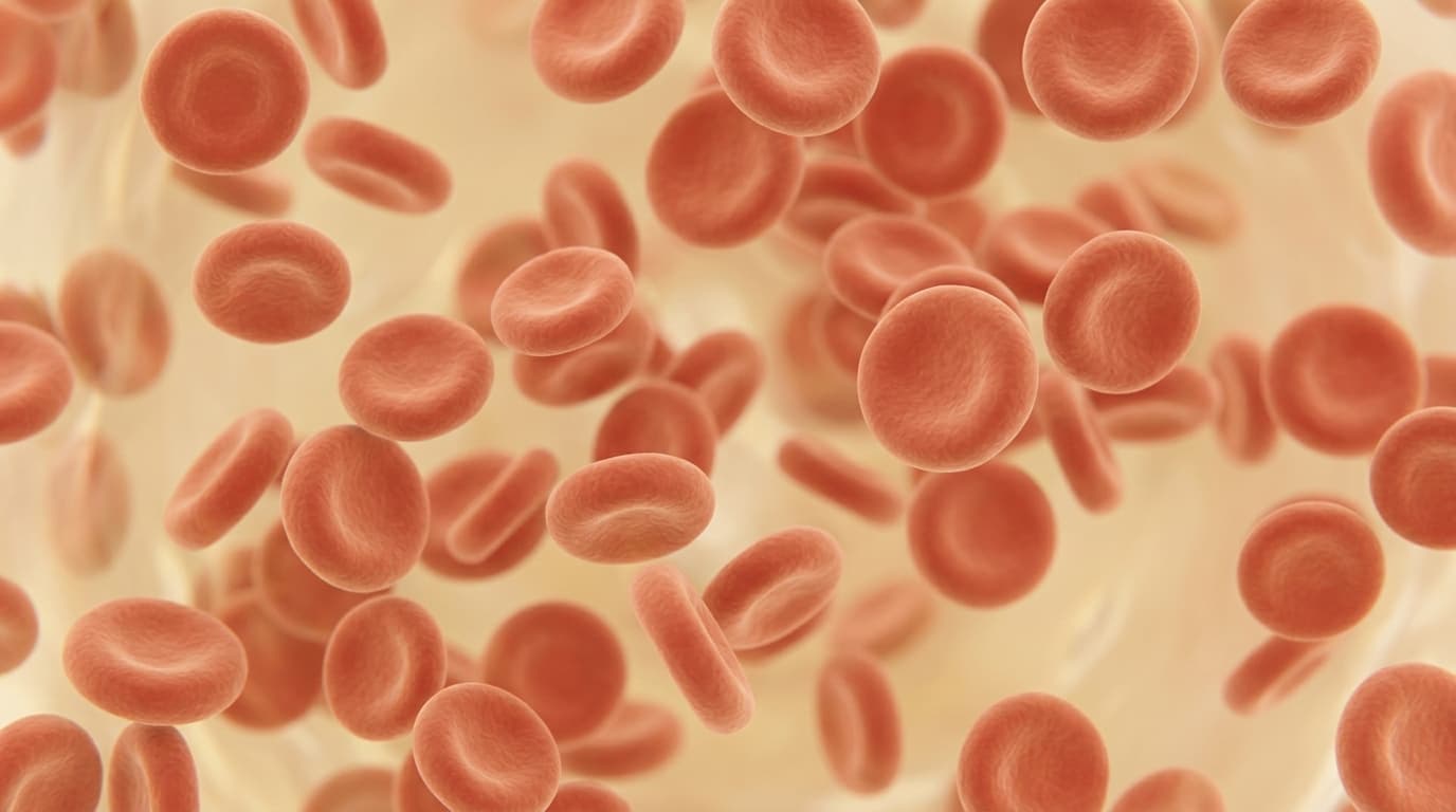 Wissenschaftliche Darstellung mehrerer roter Blutkörperchen unterschiedlicher Größe und Färbung im Blutstrom