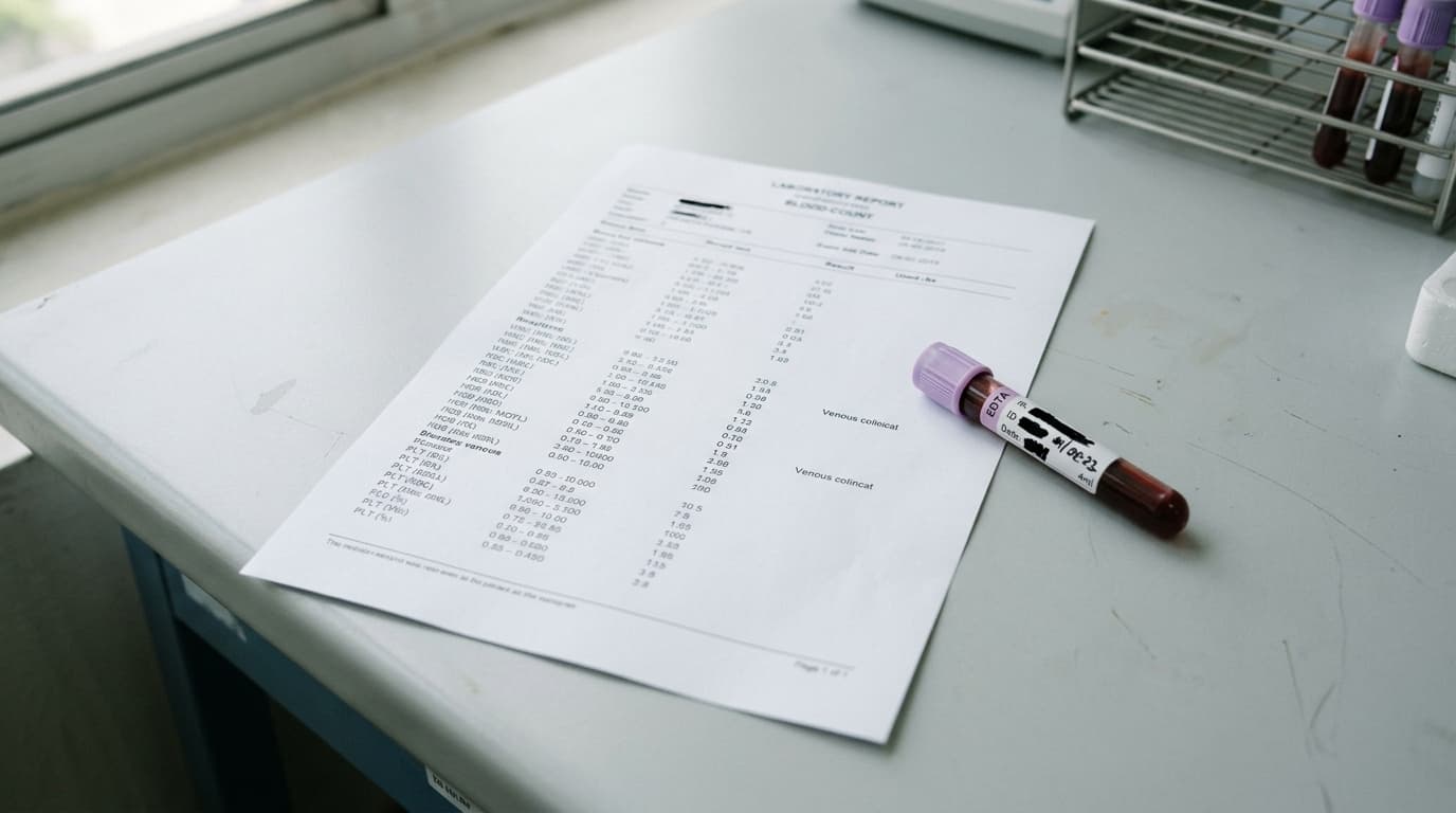 Blutbild-Befund mit den Erythrozytenindizes MCV, MCH und MCHC, daneben ein Blutröhrchen auf einer Laborbank