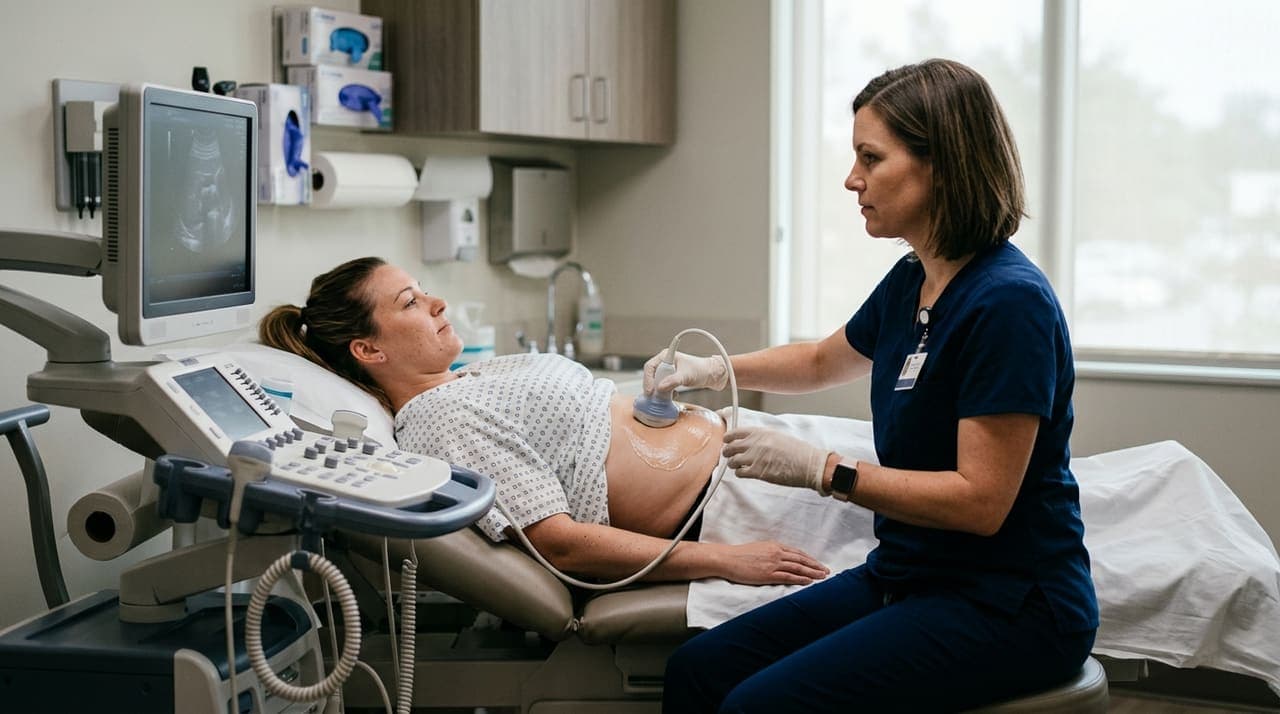 Profissional de saúde realizando exame de ultrassom abdominal em paciente em clínica