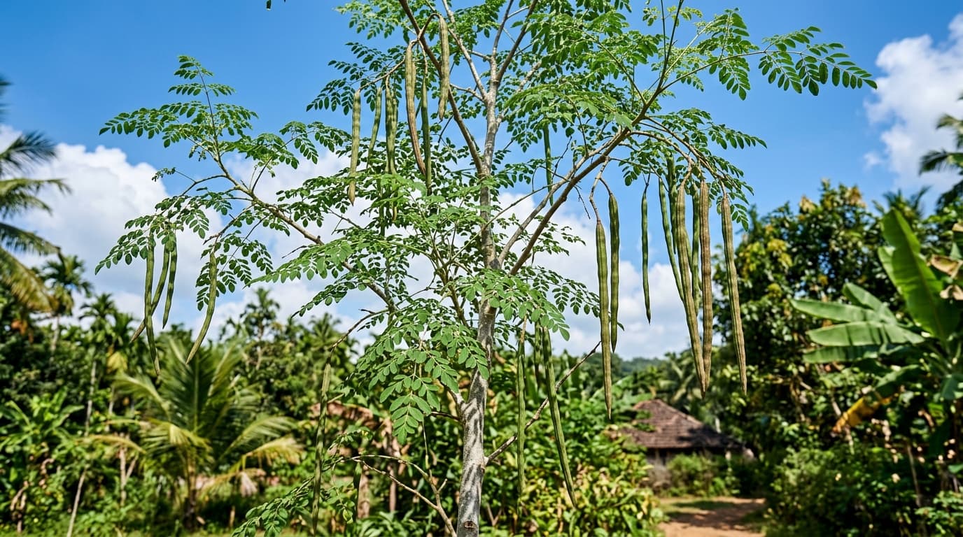 Árbol de moringa con sus vainas largas y hojas verdes pequeñas a la luz del día