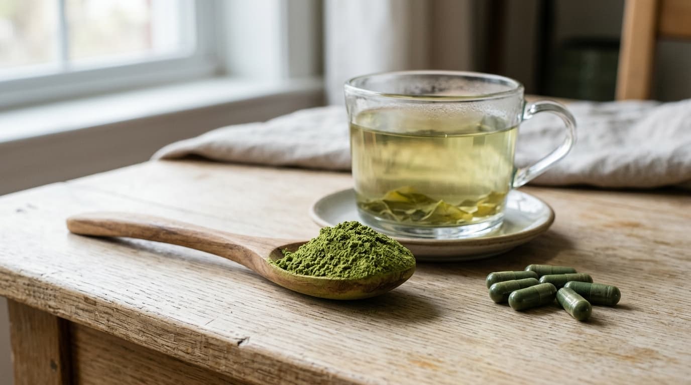 Cuchara con polvo verde de moringa junto a una taza de infusión y cápsulas sobre una superficie clara